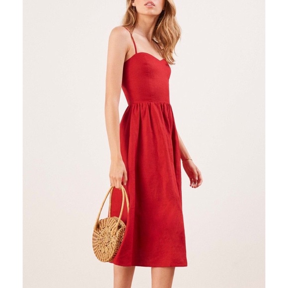 red linen midi dress
